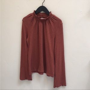 Madewell Texture & Thread Ruffled Mock-Neck Top in Brown
